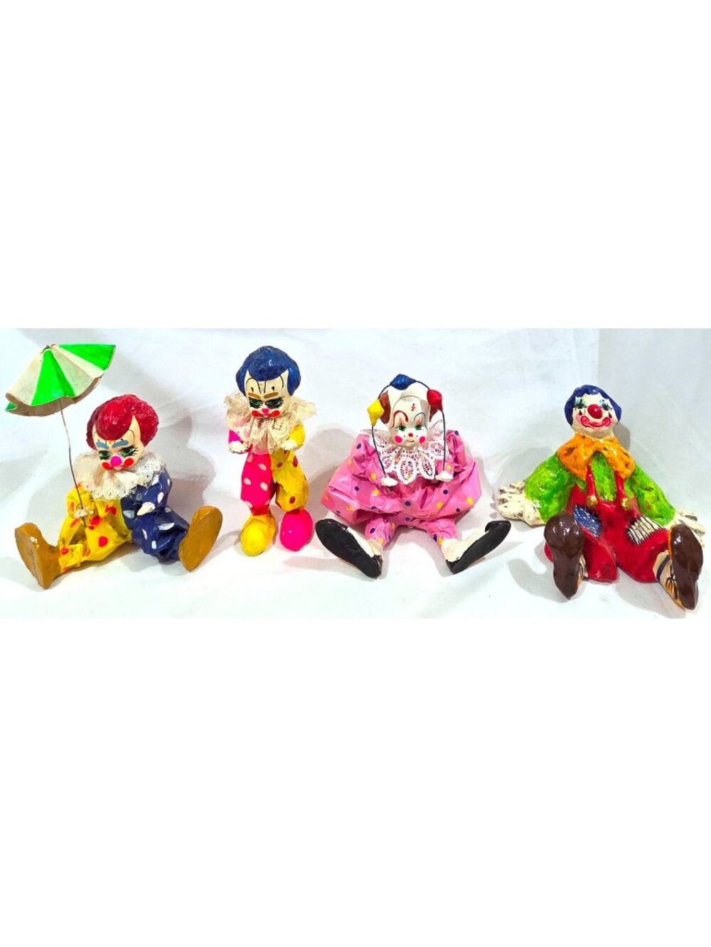 Set of 4 PAPER MACHE CLOWNS Los Gatos Mexico bright colorful folk art figurines